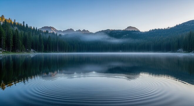 Tranquil mountain lake reflecting a misty sunrise over evergreen trees with ripples on the water's surface