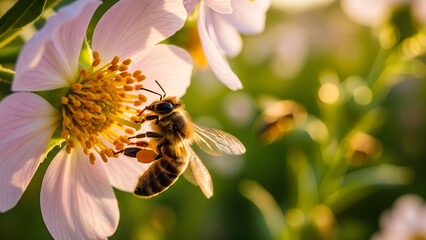 Honeybee pollinating pink flower in sunlight during springtime  