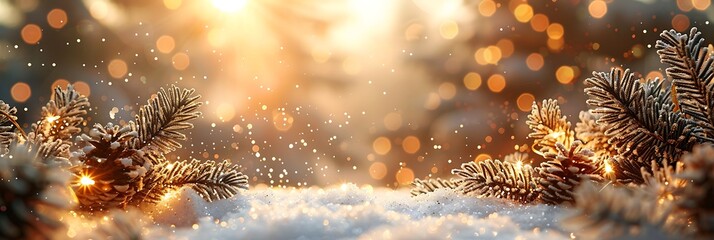 Panoramic winter landscape with snow-covered fir trees and warm festive bokeh lights, creating a magical and inviting atmosphere