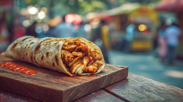 Savory Wrap Delight: A tantalizing wrap filled with succulent ingredients, artfully presented on a wooden board, with a blurred backdrop of bustling urban life.
