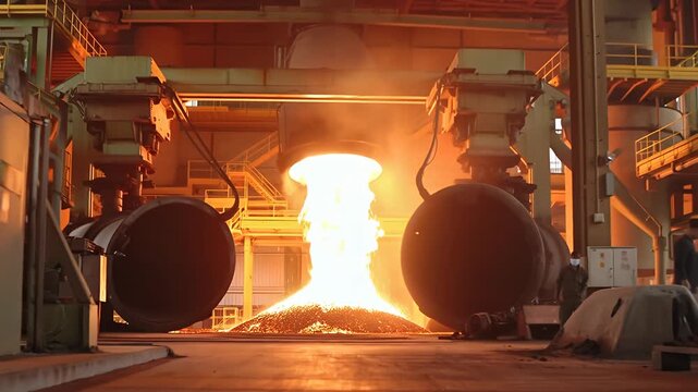 Molten metal pouring into industrial foundry furnace at high temperature, production