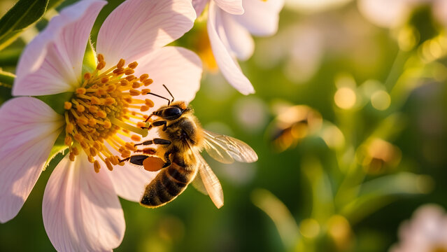 Honeybee pollinating pink flower in sunlight during springtime  