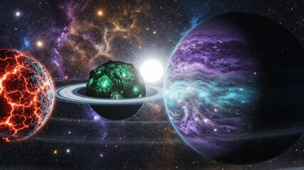 Vibrant cosmic scene featuring a glowing green lifebearing moon orbiting between a fiery red planet and a purple gas giant - Powered by Adobe