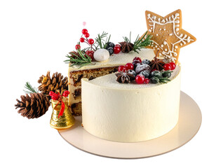 Traditional Christmas cake with fruits, nuts and white glaze with Christmas decorations png