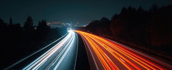 nighttime highway where car headlights and taillights paint firefly trails in the dark