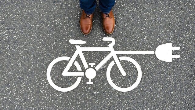 White electric bicycle symbol painted on asphalt with person standing bike sign