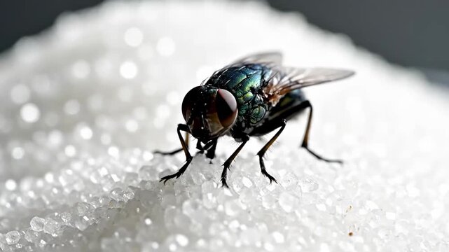 Close-up of a housefly on a pile of white sugar, showcasing the insects intricate details and the granular texture of the sugar.