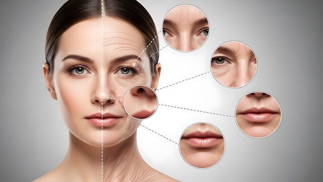 Woman face split showing aging skin wrinkles and smooth skin image