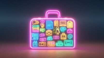 Glowing neon briefcase displays a collection of digital and creative tool icons against a dark background