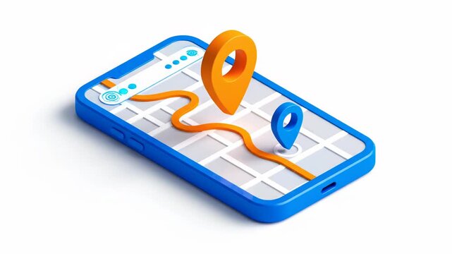 3d isometric illustration of smartphone displaying map navigation with route and location pin markers isolated on white background