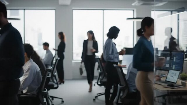 Dynamic collaborative workspace environment with diverse professionals engaged in various tasks and activities, fostering productivity and