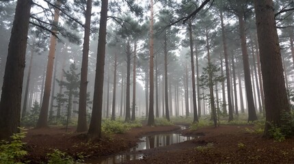 Obraz premium Misty pine forest landscape with towering trees. Dense morning fog creates an ethereal and mysterious atmosphere, reflections visible in ground puddles on the tranquil forest floor