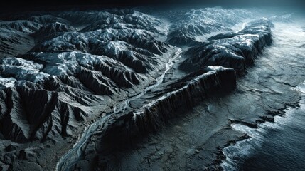 Aerial View of Rugged Snow-Capped Mountains and Coastal Terrain in Cold Climate