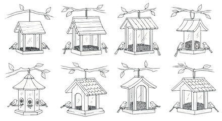 Obraz premium Bird feeders hanging from branches with birds