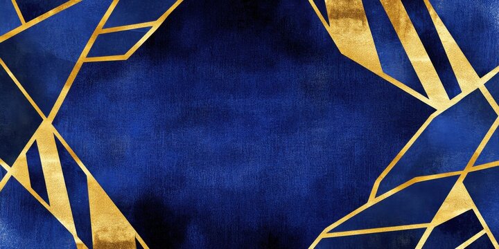 Abstract geometric blue background with gold accents, luxury modern pattern, elegant design template with metallic lines and sophisticated style.