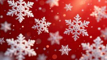White snowflakes falling against a red background with bokeh lights