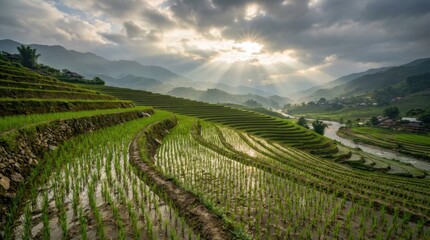 Fototapeta premium Lush Rice Terraces Bathed in Sunlight A Breathtaking Landscape in Sapa, Vietnam