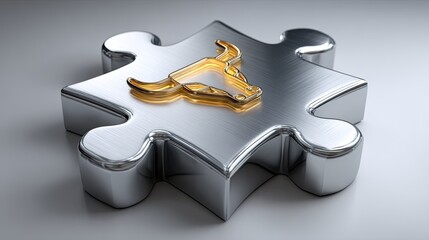 Metallic Puzzle Piece: A gleaming metallic puzzle piece, adorned with a golden emblem. this image showcases a blend of texture and symbolism. This creates an eye-catching visual.