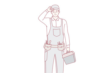 smiling painter in overalls holding paint bucket and waving interior renovation scene with toolbelt, brush, clean line art, pastel tones, approachable maintenance professional ready for job