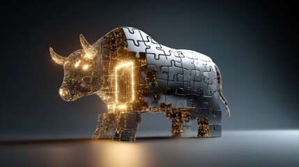 Bull Market Concept: A stunning image of a metallic bull, illuminated with circuits, symbolizing the strength and resilience of the market, on a simple black backdrop.