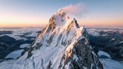 Breathtaking aerial view of a majestic snow-capped mountain peak glowing in the golden light of sunrise above the clouds