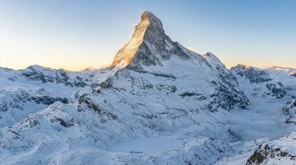 Majestic snow-covered pyramidal peak of a famous mountain in the Alps during a golden sunrise, a winter wonderland