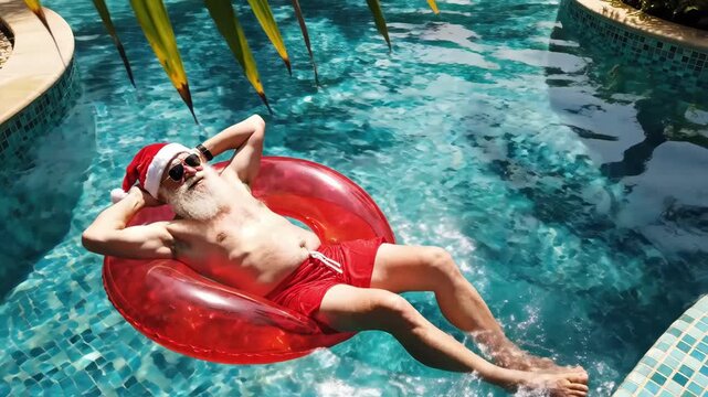 tropical shade white santa drifting on red inflatable, palm fronds casting dappled shadows over blue mosaic pool, sunglasses on, relaxed island solitude and reflective summer mood.