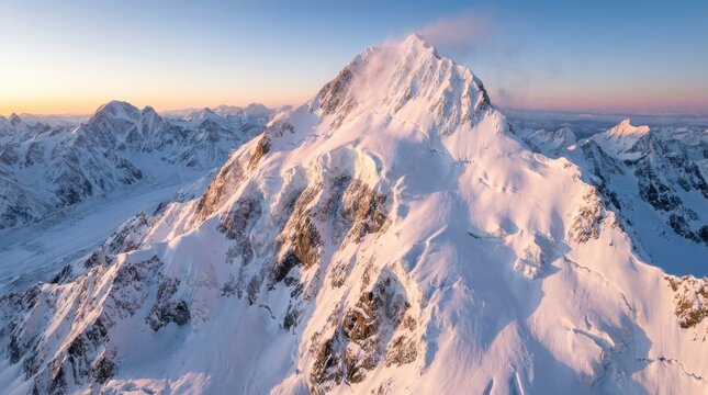 Majestic snow-capped mountain peak bathed in the warm glow of sunrise, showcasing rugged terrain and vast snowy wilderness under a clear sky