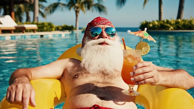 bearded man on yellow pool float sipping tropical cocktail, wearing red bandana and mirrored sunglasses, framed by palm trees at upscale resort, sunlit relaxed vibe and playful holiday humor.