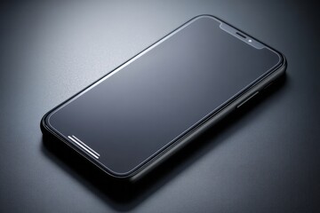 A modern smartphone with a black screen sits on a dark textured surface.