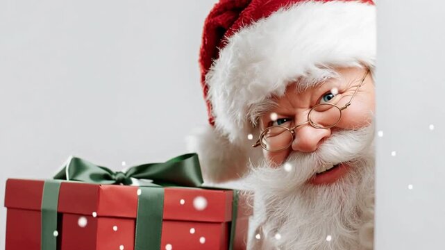 Adorable retrato de Santa Claus o Pap&aacute; Noel con su gorro rojo y gafas, ense&ntilde;ando una caja de regalo rojo con cinta verde, sobre fondo blanco con copos de nieve cayendo