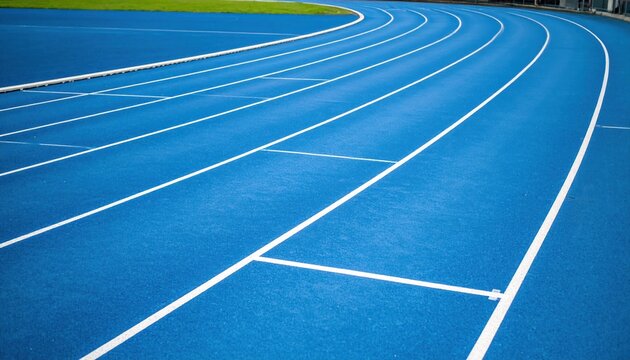 Vibrant blue running track with white lanes and a curve at an athletic stadium, ready for sports and competition.