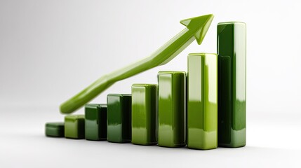 Green Progress Ascent: A vibrant green upward-pointing arrow soars over a series of ascending bar graphs, illustrating the concept of business growth and financial progress.