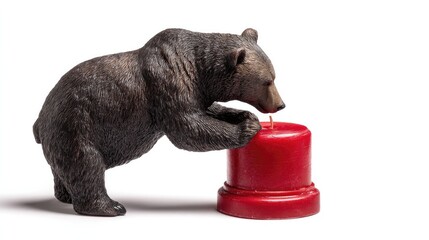 A Bear and a Candle: A curious bear observes a lit candle, the flickering flame casts dancing shadows, suggesting a moment of wonder and contemplation.