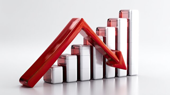 Economic downturn: A visual representation of an economic downturn, where red arrow highlights the descending trend across white bar graphs, symbolizing negative financial performance.