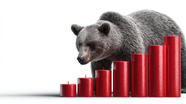 Market Bear: An illustration of a bear stands beside of declining financial candles, symbolizing a market downturn and economic challenges.