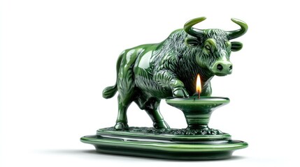 Jade Bull Figurine: A meticulously crafted jade bull figurine, embodies strength and prosperity, is displayed on a delicate candle holder, the flickering flame adds an air of mystic.