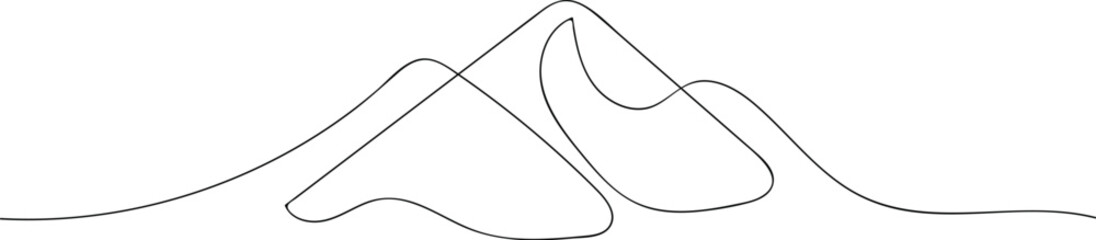 One continuous line drawing of mountain range landscape. A clean, continuous line drawing depicting a vast mountain range landscape. Ideal for graphic design and artistic projects.