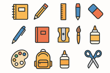 Notebook supplies sharpener vector pen ruler eraser minimal paintbrush palette school backpack