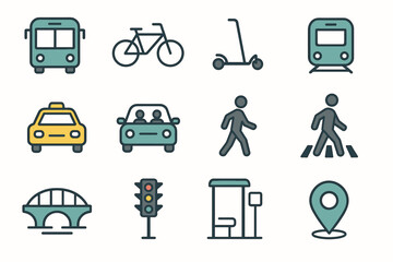 Icons icon bus pedestrian crosswalk vector scooter carpool commuting bicycle bridge map