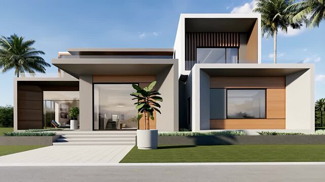 Contemporary architectural rendering of a modern luxury home design with palm trees