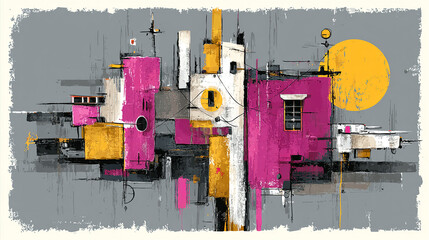 Industrial or urban abstract painting style. Vibrant magenta and yellow grunge graphic design.