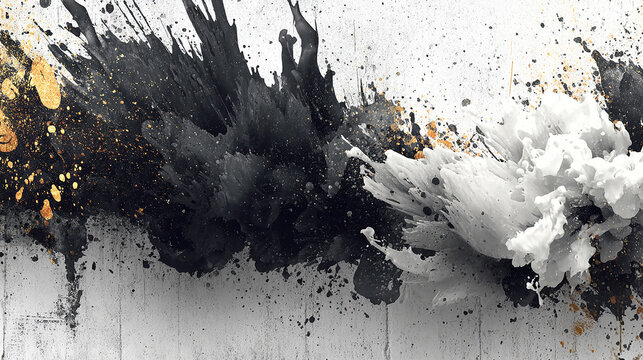 Dynamic black and white ink splash abstract background with glittering gold accents. - Powered by Adobe
