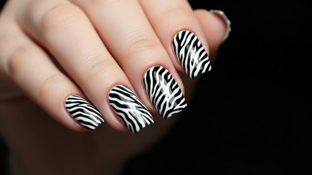 Elegant zebra pattern nail art manicure in motion at high resolution