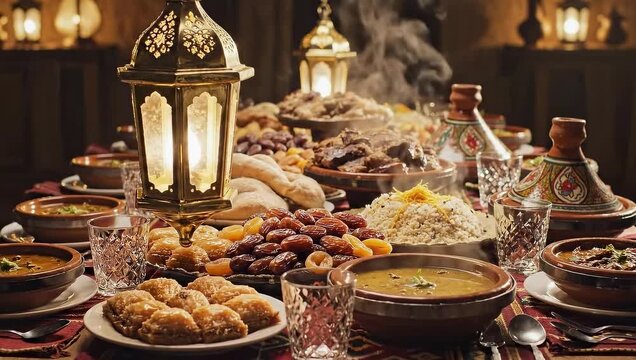 Abundant Middle Eastern Feast Laid Out On A Table With Lanterns And Steam Rising From The Food