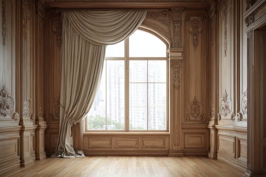 Elegant room interior with arched window and draped curtains.