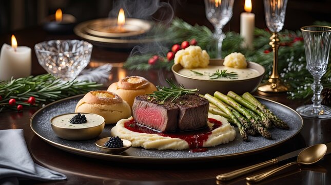 Elegant Fine Dining Christmas Table Setting with Hot Gourmet Steak and Candlelight - Powered by Adobe