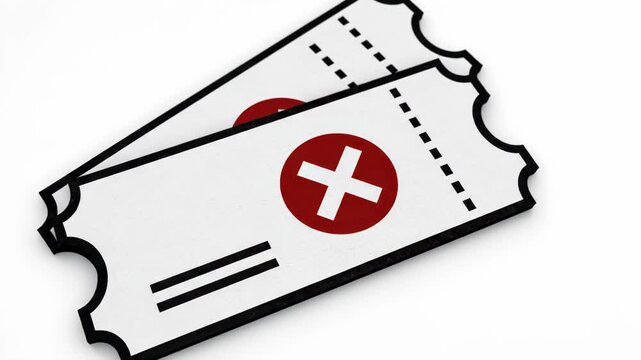Close up of two white tickets or coupons featuring a prominent red circle with a white cross symbol, suggesting medical or first aid access
