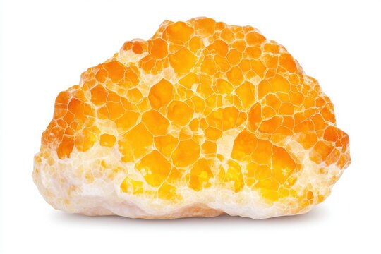 Yellow mineral crystal rock with translucent orange and white patterns, macro closeup view showing detailed texture and natural surface