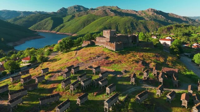 Aerial View of Lindoso Castle and Traditional Granaries in Portugal